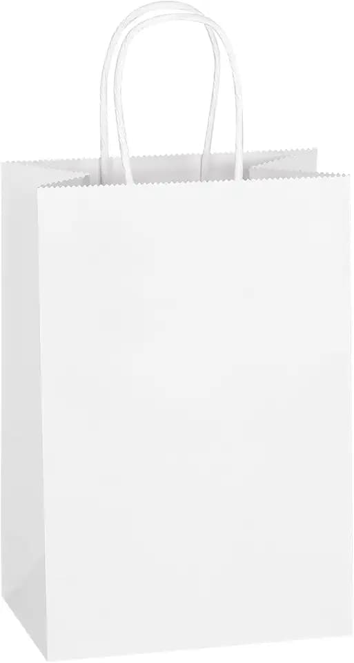 Mlyta 100 Pack 5.25x3.25x8.5 Inch Small White Kraft Paper Gift Bags with Handles Bulk for Goodie, Party Favor Brithday Grocery Shopping, Business Wedding Retail Craft Treat To Go, Merchandise Sacks