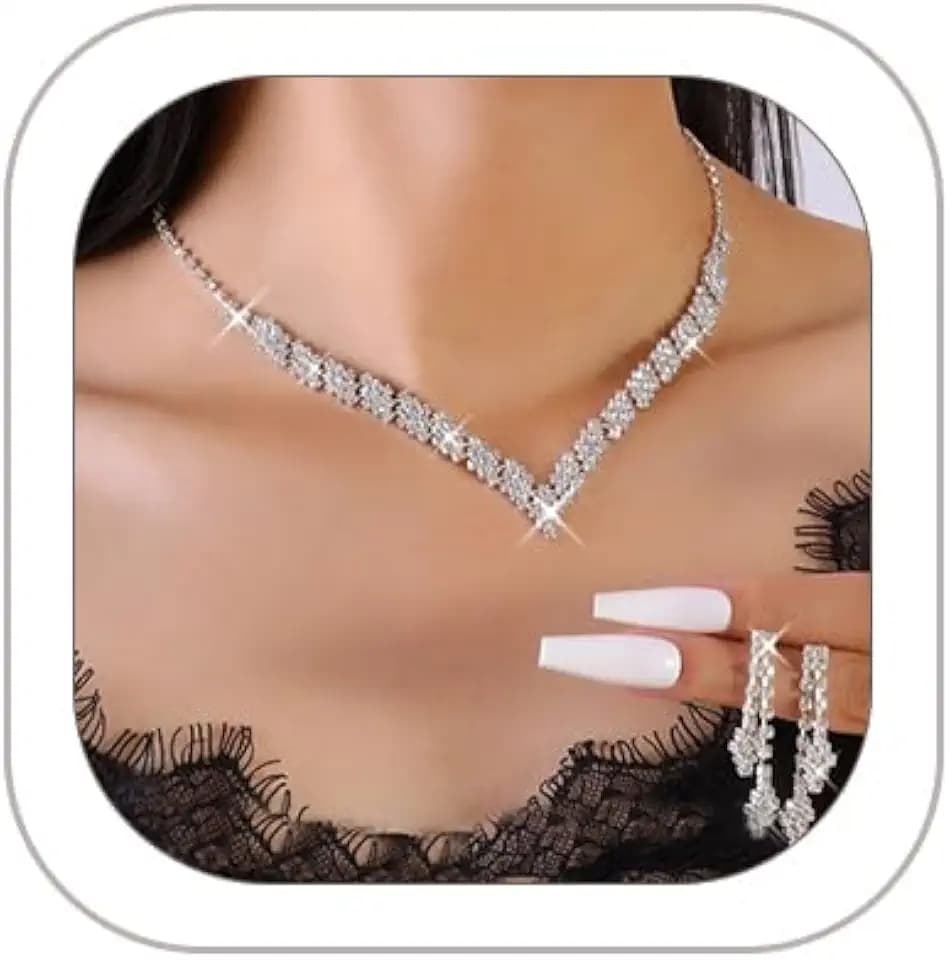 HUJUON Shiny Rhinestone Long Tassel Dangle Earrings Necklace Set Cubic Zirconia Drop Earrings Clavicle Necklace Wedding Bride Jewelry for Women
