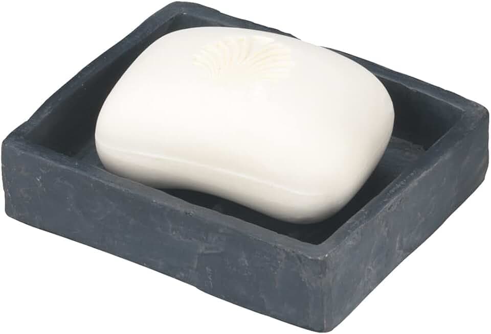 WENKO Seifenablage Slate-Rock, Seifenschale zur Aufbewahrung von Handseife, aus Kunststoff in Schiefer-Optik, 11,2 x 2,7 x 9,4 cm, Anthrazit
