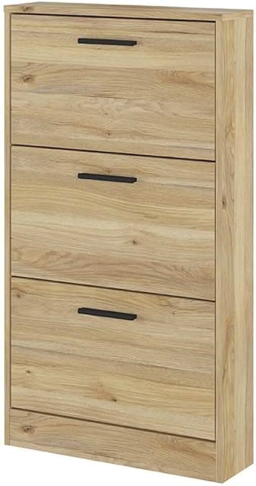 Somnia Descanso - Schuhschrank mit 3 Türen, schmaler Schuhschrank, Modell Elenor, Finish in Honig-Eiche, Maße: 115 cm (H) x 68,5 cm (B) x 17 cm (T), praktisch und funktional
