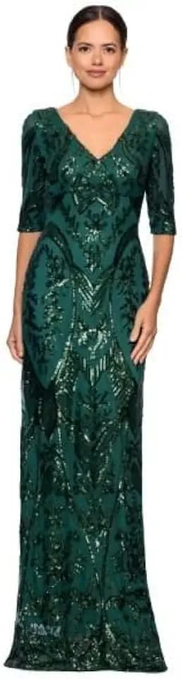 Betsy & Adam Women's Sequin Elbow Sleeve V-Neck Floor Length Dress (Petite)