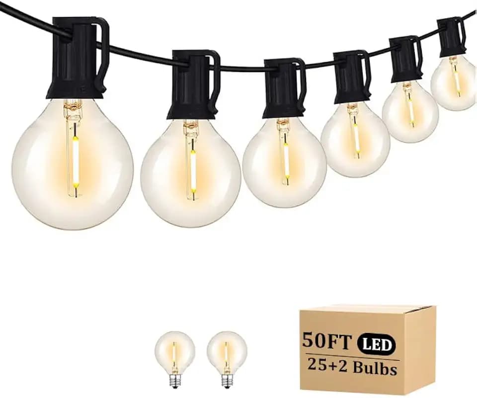 50FT LED Outdoor String Lights with 27 G40 Bulbs (2 Spare) Connectable Yard Hanging Lights for Party Tents Patio Gazebo Porch Deck Bistro Backyard Balcony Pergola Outside Decor