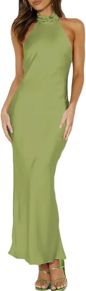 Phicia Satin High Neck Dress Olive