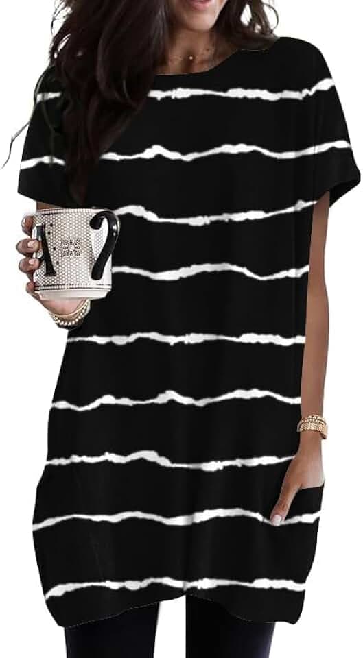 Poetsky Summer Womens Tunic Tops for Leggings with Pockets Short Sleeve Casual Long T Shirts S-3XL