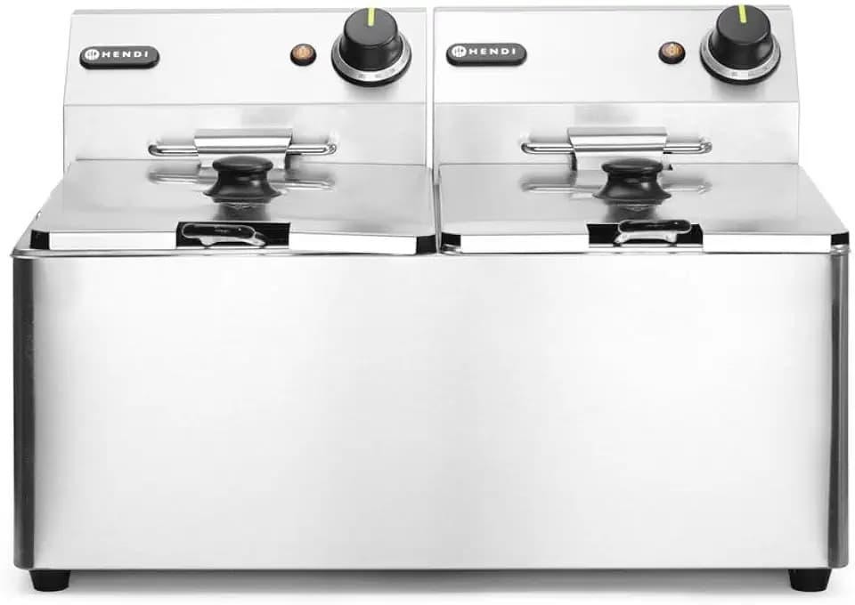 HENDI Fritteuse, Friteuse, Fritöse, einstellbar bis 190°C, Kaltzone, mit Frittierkorb und Deckel, Entnehmbar Becken, Sicherheitsthermometer, 2x8L, 230V, 7000W, 550x430x(H)345mm, Edelstahl