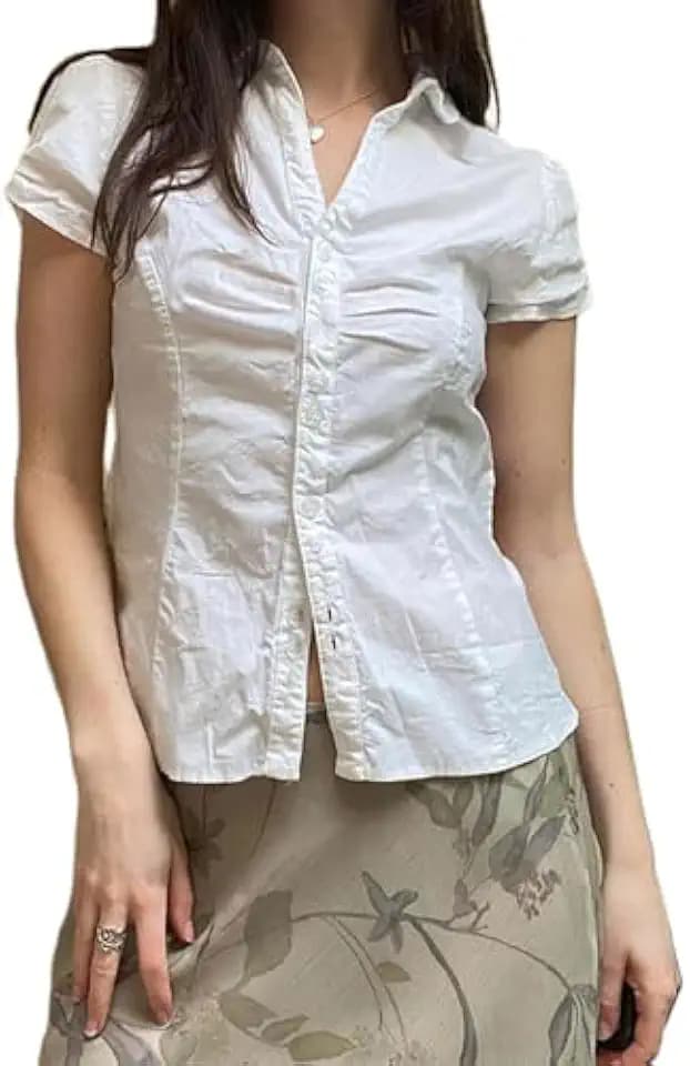 Damen Basic Button Down Bluse Shirts Kurzarm V Ausschnitt Revers Kragen Enge Bluse Tie Up Back Slim Fit Tops Sommer Büro Hemd
