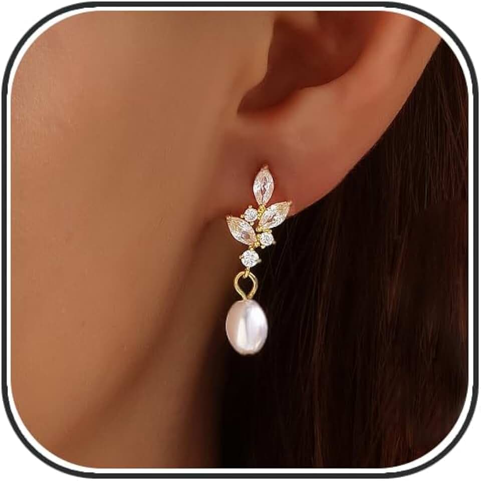 Pearl Earrings for Women, 14k Gold Plated Trendy Diamond Pearl Drop Earrings Bridal Shower Gifts Wedding jewelry for Women