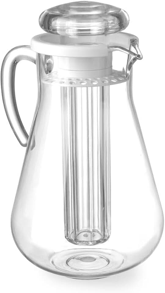 HENDI Krug, mit Eiswürfelkühlung, Saftkanne, Glaskrug, Glaskaraffe, Birnenförmiges Modell aus kratzfestem, transparentem SAN Kunststoff mit Deckel, 2,2L, ø150x(H)260mm, SAN Kunststoff