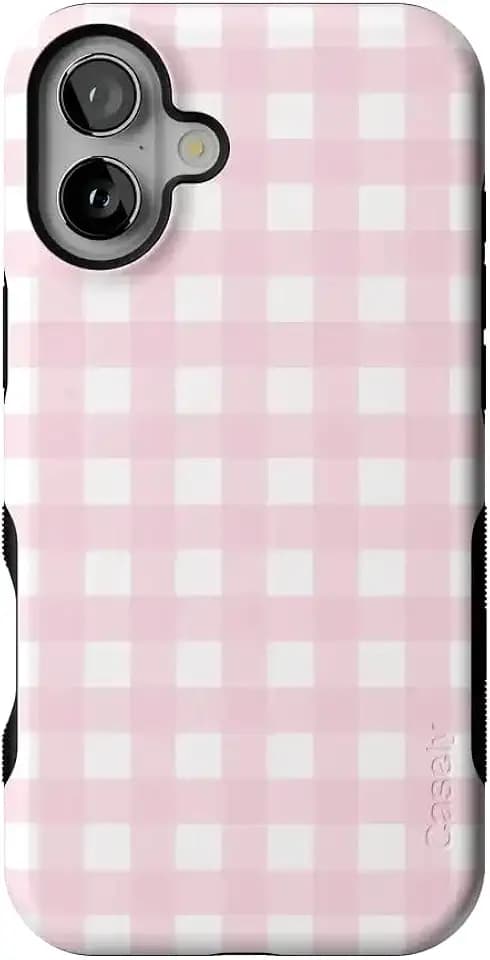 Casely iPhone 16 Case | Pink Plaid | Sunday Best | Bold Protective Design | Compatible with MagSafe