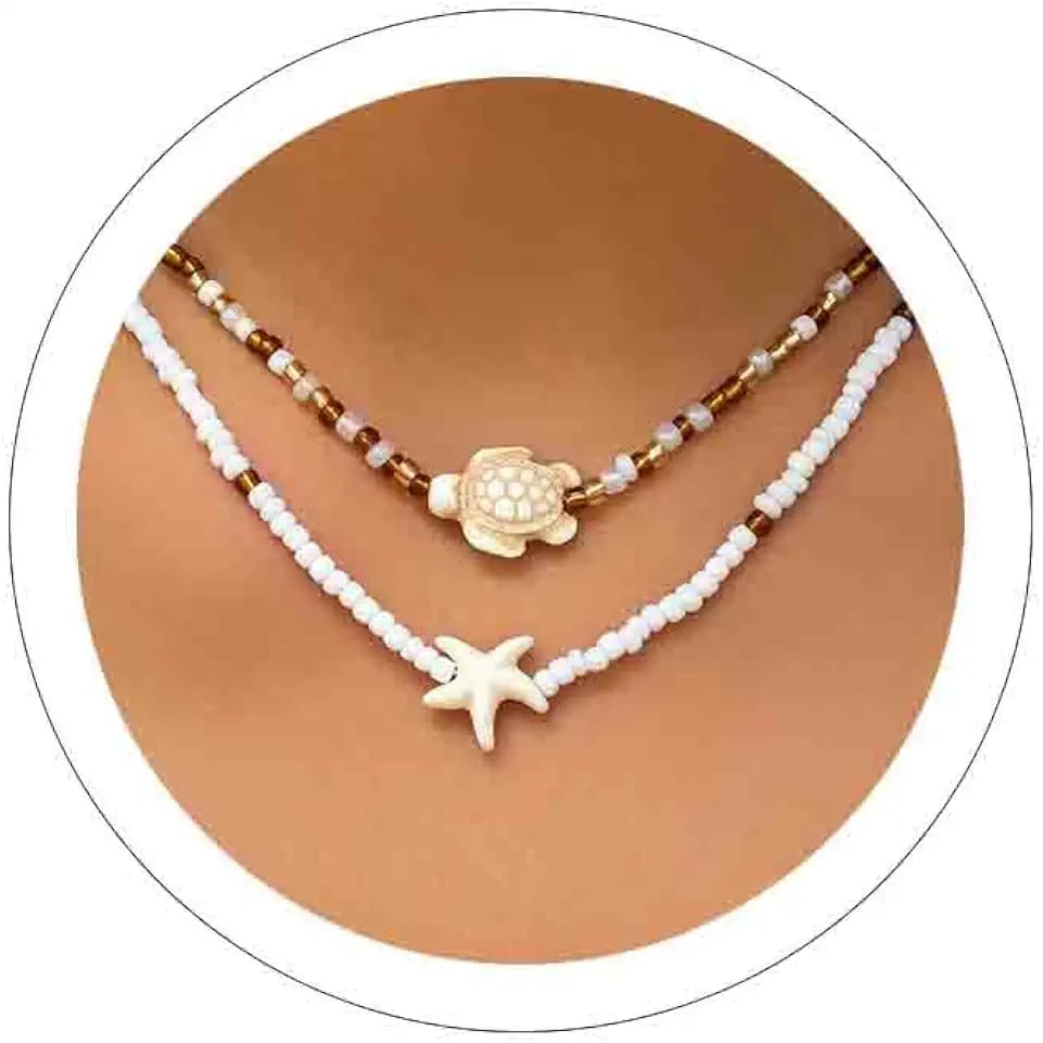 Layered Starfish Necklace Beach Jewelry for Women Seashell Cowrie Puka Shell Necklaces for Women Beach Necklace Turtle Beaded Choker Necklaces Ocean Jewelry