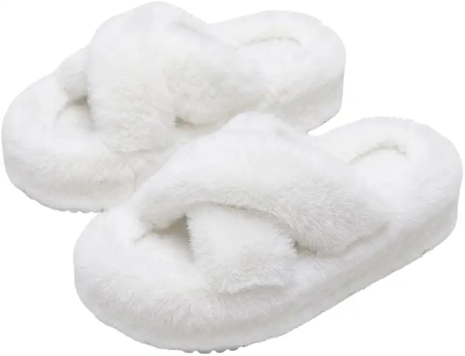 Women Fuzzy Faux Fur Platform Slippers Open Toe Slides