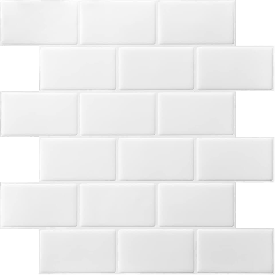 Art3d 10 Dickere PVC Fliesen Weiß Metro Fliesen Selbstklebend für Rückwand Küche Badezimmer 30x30x0.25cm