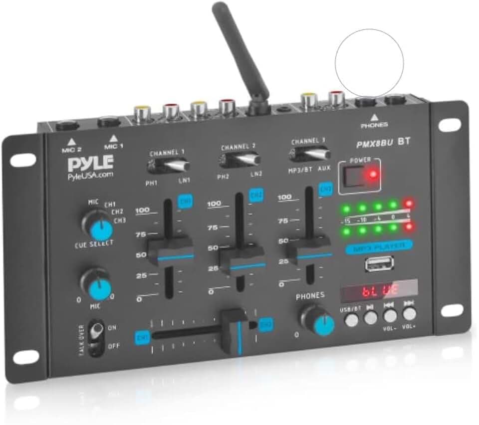 Pyle 3-Channel Professional DJ Mixer w/ Bluetooth - Dual Balanced Mic Inputs w/ Talkover, USB-A MP3 Player, Phono/Line In, CUE Monitor, Crossfader, LED Display for Mobile DJ, Karaoke, Events - PMX8BU