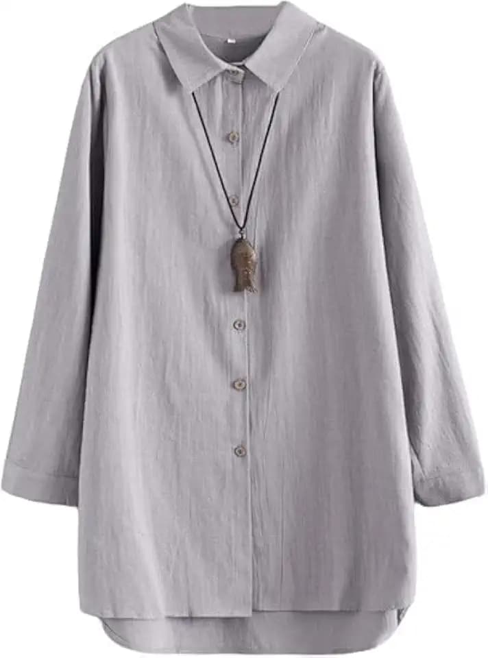 Minibee Women's Cotton Shirts Tunics Hi Low Tops Boyfriend Button Down Blouse