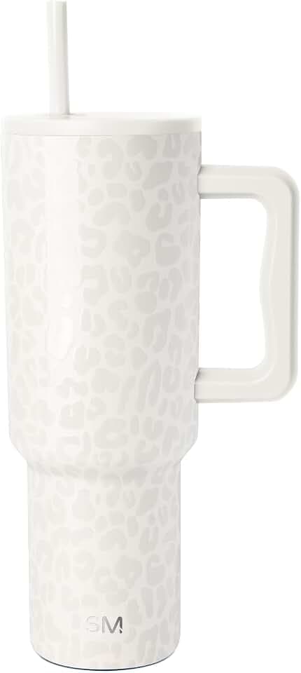 Simple Modern Thermobecher mit Strohhalm und Griff | Isolierter Edelstahl-Trinkbecher Eiskaffee-Reisebecher | Geschenke für Frauen und Männer | Trek | 1180ml | Cream Leopard