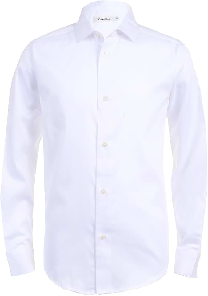 Calvin Klein Boys' Long Sleeve Sateen Dress Shirt, Button-Down Style with Buttoned Cuffs & Shirttail Hem