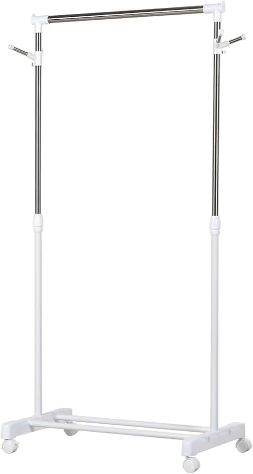 HOMCOM Kleiderständer, Kleiderständer auf Rollen mit Verstellbarer Höhe, Kleiderständer aus Stahl, Schuhständer und Seitenhaken, 68,5 x 42 x 87-145 cm, Weiß