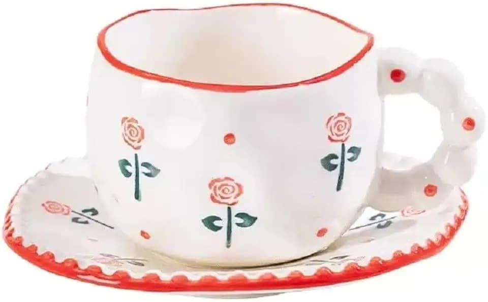 Blumenmuster Kaffeetasse Set unregelmäßige Blumentasse mit Untertasse Porzellan Cappuccinotasse mit Henkel handgemacht Espressotasse für Party Küche Café Bankett (Rot-Rose)
