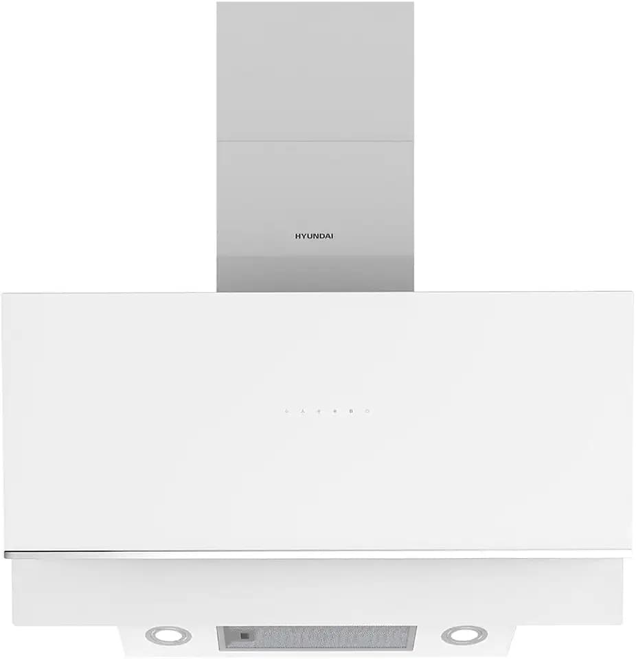 Hyundai HCPD900AB Dunstabzugshaube, geneigt, 90 cm, weißes Glas, Leistung 253 m³/h, Doppelzugsöffnung, 4 Geschwindigkeiten, Touch-Steuerung, spülmaschinenfester Filter.