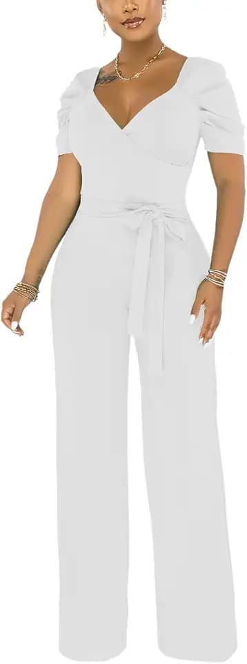 ZonJie Sexy Jumpsuits for Women Summer Plus Size Short Sleeve Party Rompers Dressy Club Wide Leg Long Pants