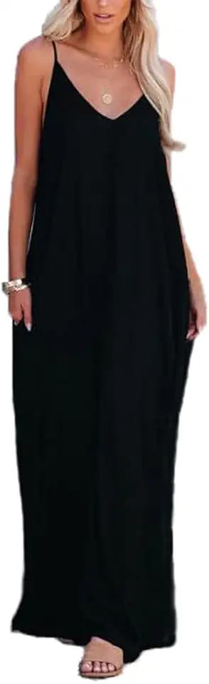 Poetsky Womens Casual Strappy V Neck Sleeveless Flowy Pockets Loose Long Maxi Beach Dress Sundress