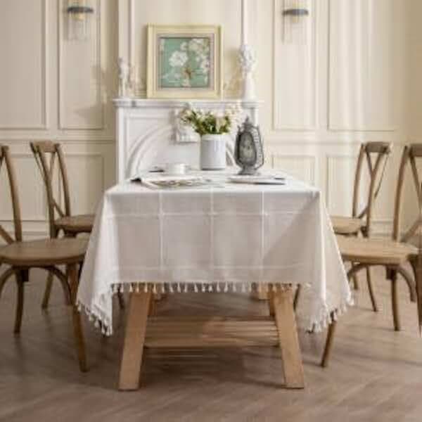 Gernaice Rustic Embroidered Tablecloth Lattice Rectangle Tassel Table Cover Dust-Proof for Kitchen Dining Picnic Party Christmas Holiday (Rectangular/Oblong, 36x55 Inch, White)