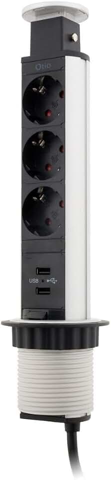 Otio, 3x16A Schuko Unterputz-Steckdosenleiste + 2 USB-A-Anschlüsse, Schwarz/Weiß, 3G1,5mm² Verkabelung, 1,5m Kabellänge, Einfache Installation Ø60mm, Diskretes Design, Effizientes Laden von Geräten