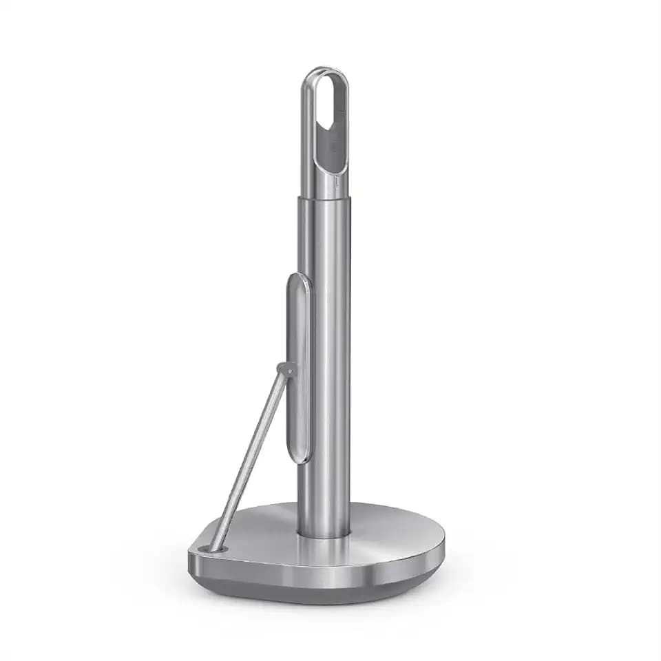 simplehuman Paper Towel Holder with Spray, All-in-One Countertop Paper Towel and Cleaner Dispenser, 6 oz Refillable Pump, One-Handed Tear, Weighted Base, Brushed Stainless Steel