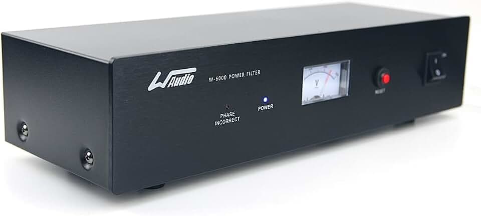 WAudio HiFi Netzfilter W-6000B, 7 Mehrfach Steckdosen mit Spannungsmesser, Überspannungsschutz und Phasenlicht (Schwarz)