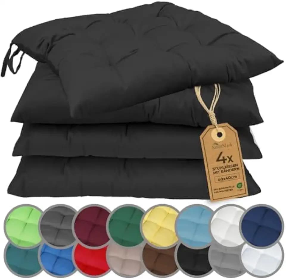 NatureMark 4er Set Stuhlkissen mit Bändern 40x40 cm – Gefüllte Sitzkissen, Outdoor & Indoor – Schwarz