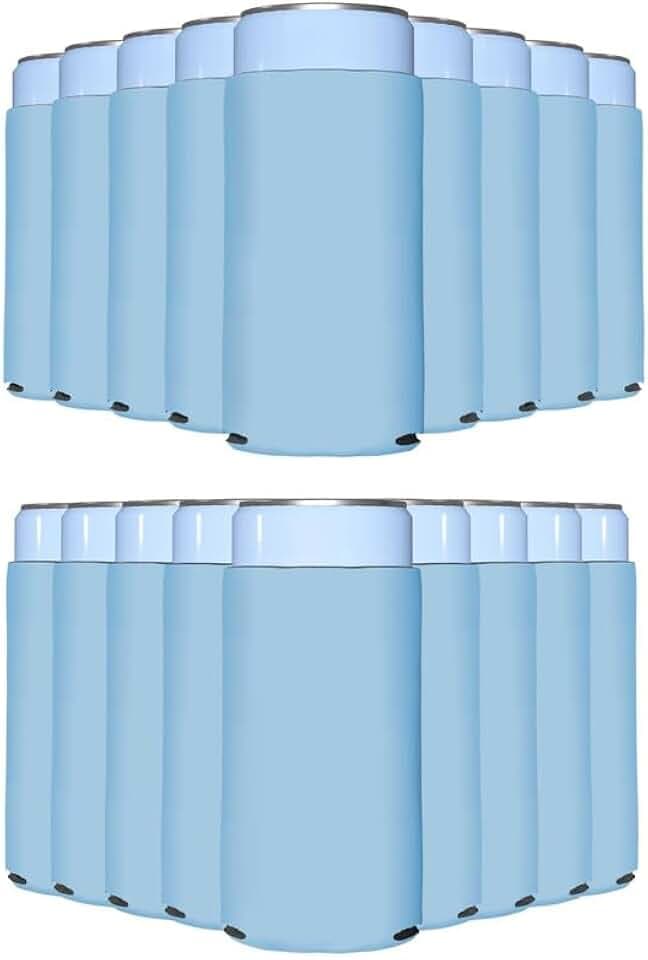 PartyPrints 25 Pack Placid Blue Blank Slim Can Cooler Sleeves | Plain Seltzer Customizable Bulk Coolers for Beer Bottles & 12oz Tall Cans | Skinny Collapsible Drink Insulated Sleeve
