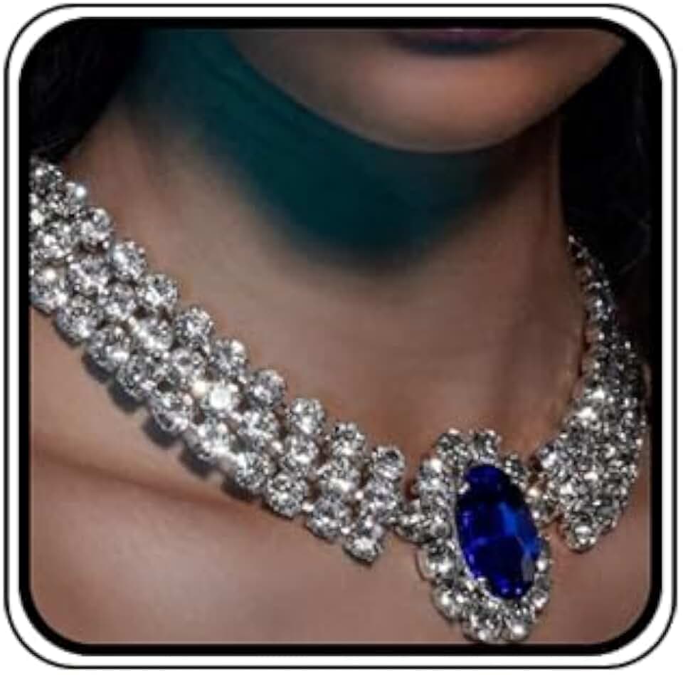 Vintage Full Chunky Rhinestone Sapphire Charm Silver Chain Blue Crystal Pendant Collar Choker Necklace Adjustable Chain for Party Music Club Women (Silver 4)