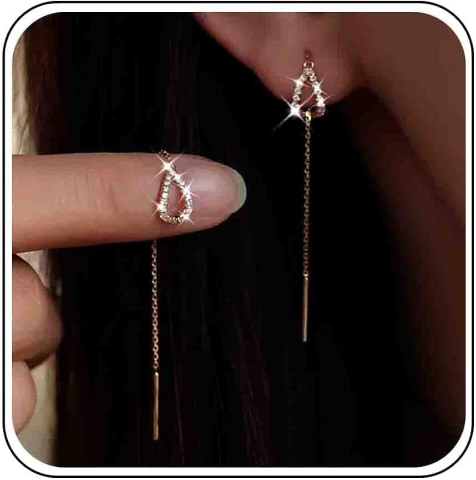 Boho Wedding Tiny Cz Teardrop Threader Earrings Gold Silver Dainty Pear Pull Through Earrings Thread Long Chain Tassel Dangle Small Crystal Stud Cute Simple Line Bar Drop Delicate Minimalist Women