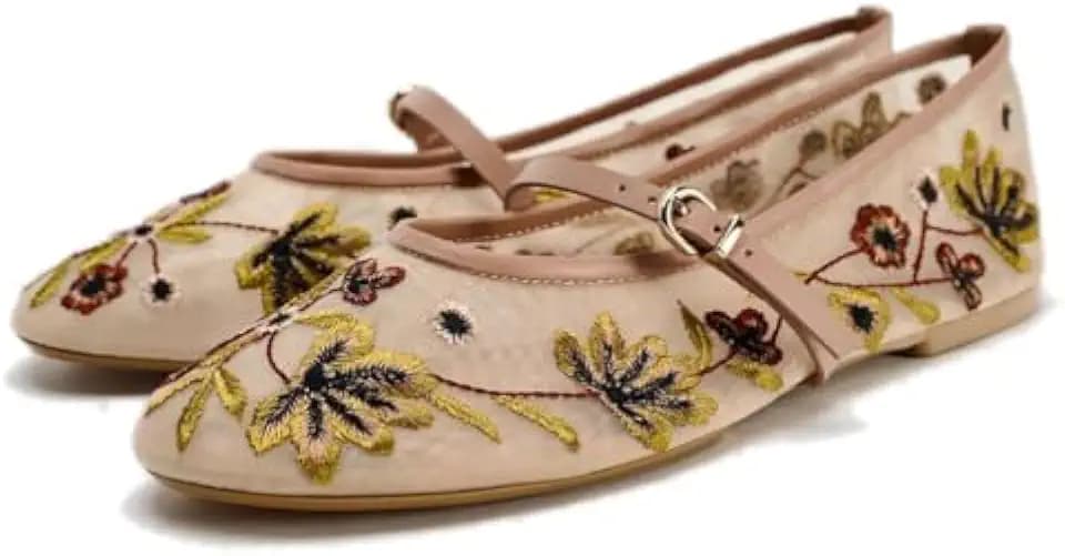 Mesh Ballet Flats for Women Embroidered Floral Mary Jane Flats Round Toe Slip On Ballerina Shoes Comfortable Casual Daily Dress Flat Shoes