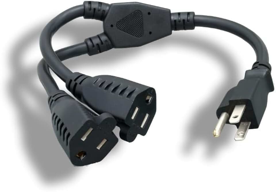 Kentek 1 Ft Power Cord 3 Prong Extension Y Cable NEMA5-15P to 2 X NEMA5-15R 14 AWG 15A Black Heavy Duty Male to 2X Female Power Splitter