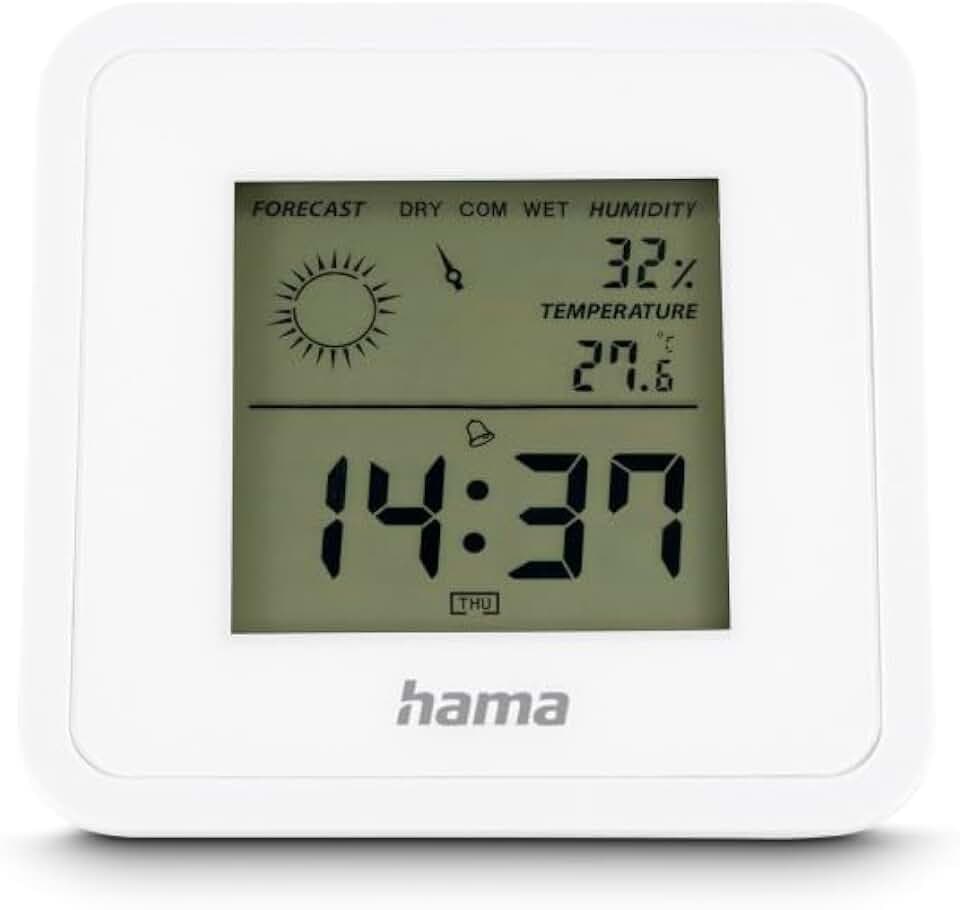 Hama Thermometer Hygrometer, digital (für Innen, Anzeige von Uhrzeit, Temperatur, Luftfeuchtigkeit, Raumklima und Wettervorhersage, mit Weckfunktion, Schlummerfunktion, zum Aufstellen) weiß