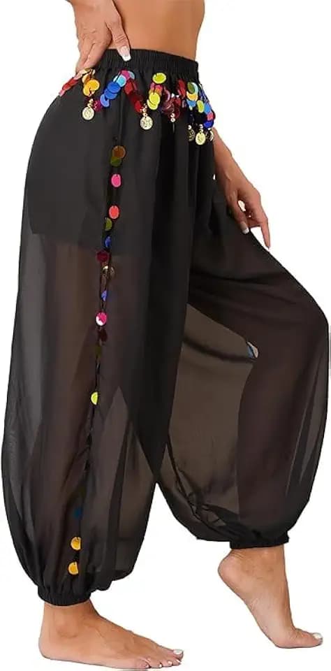 Damen-Bauchtanz-Kostüm, Haremshose, indischer Tanz, Bollywood, hängende Münzen, Pailletten, Laternenhose, Chiffon