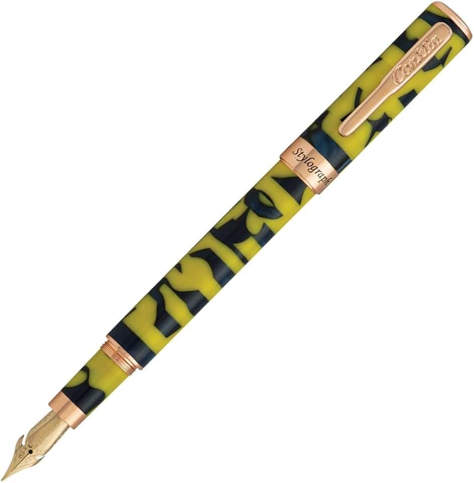Conklin Stylograph Mosaic Fountain Pen Yellow/Blue – 18 Karat Rose Gold Plated Accents – Flex Nib – Luxury Writing Instrument – Ideal Gift for Pen Enthusiasts
