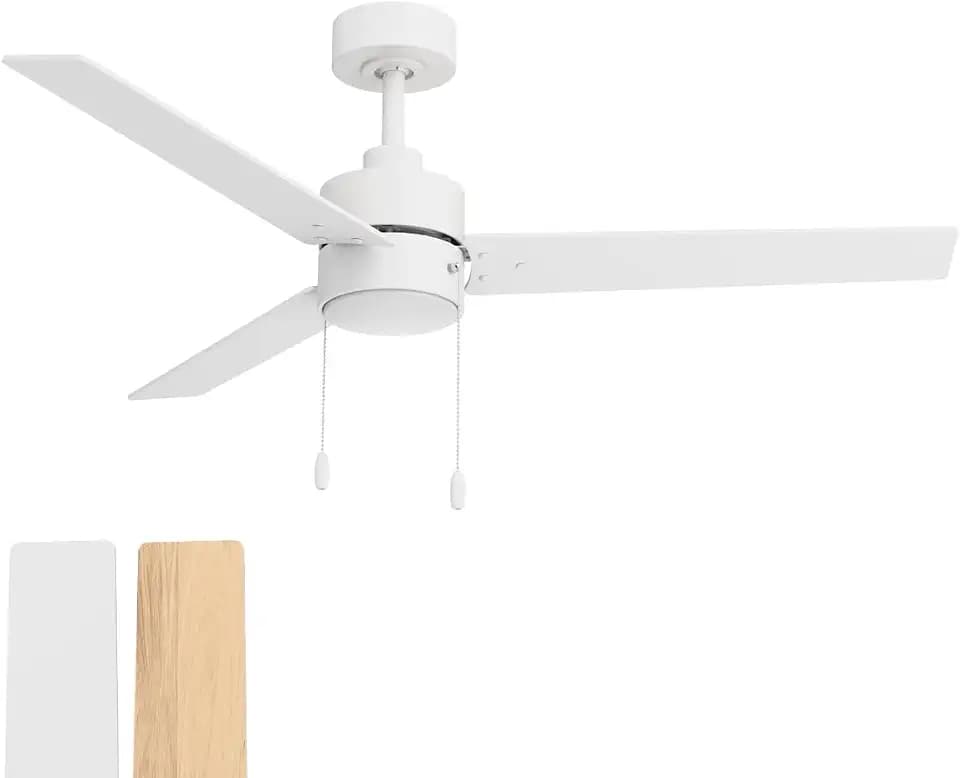 Heritage 52in 3-Blade Pull Chain Ceiling Fan 2700K-3000K-4000K-5000K-6000K CCT Selectable LED Light Kit with White Hardware with Reversible Blades in Natural Wood or White
