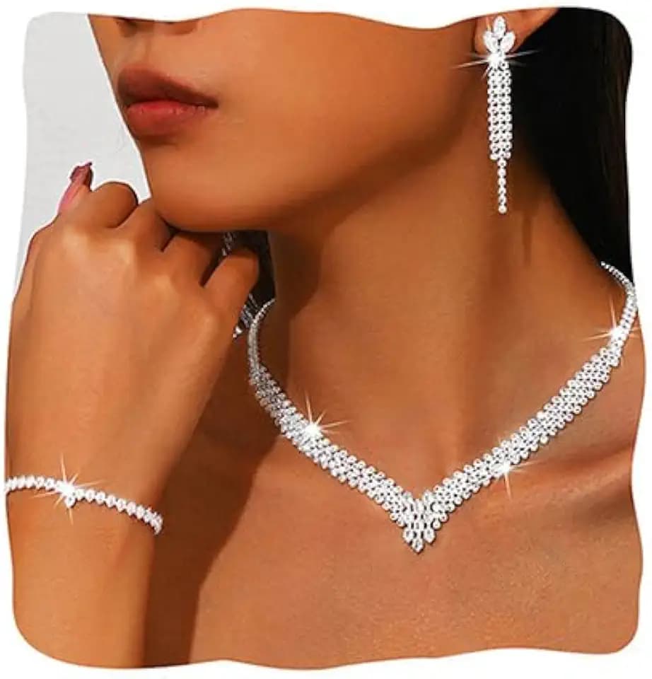 Sixexey Rhinestone Wedding Jewelry Set Bridal Necklace Earrings Party Prom Costume Jewelry Accessories for Women