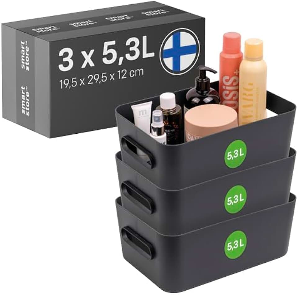 SmartStore Aufbewahrungsbox 3× 5.3 L | Klein M Aufbewahrungskorb mit Griffen für Küche, Badezimmer, Büro-Organizer, Regal Kunststoffbox | Blau Organizer mit 10 Jahren Garantie| L29.5 × W19.5 × H12 cm