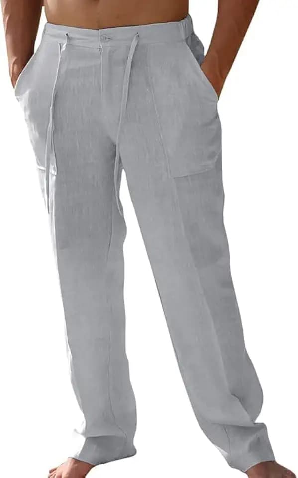 Runcati Mens Casual Pants Loose Fit Linen Elastic Waist Drawstring Pants Straight-Legs Summer Yoga Beach Trousers