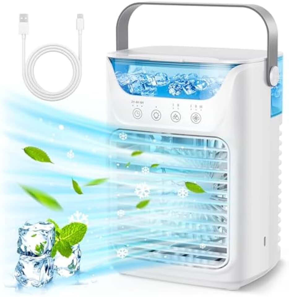 Bewinner Klimaanlage Mobil - Tragbares Klimagerät & Luftkühler Luftbefeuchter & Tischventilator 4-in-1 mit 700ML/2 Kaltnebel/3 automatische Zeitschaltungen/7 Farben Nachtlicht