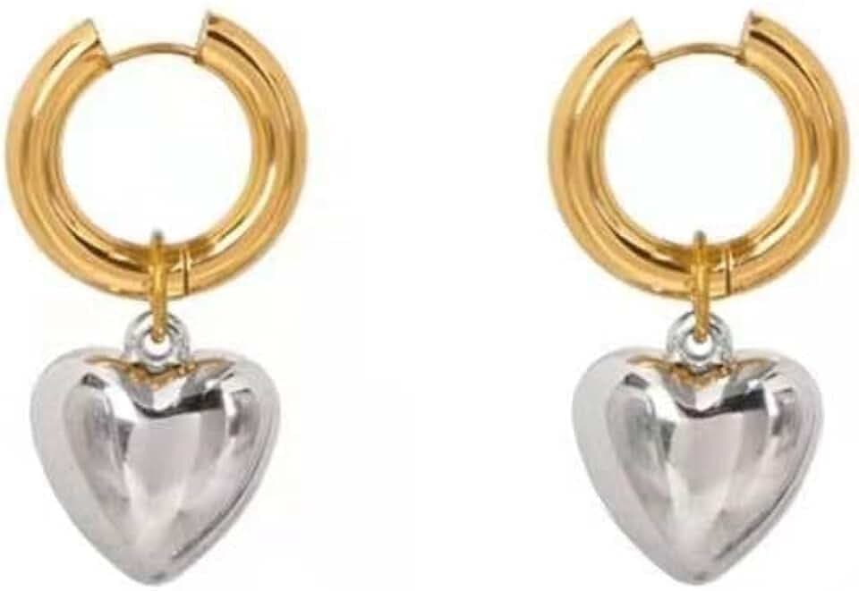 Puffy Heart Dangle Drop Small Hoop Earrings for Women Fashion Minimalist Two Colors Chunky Love Charm Trendy Huggie Hoops Removable Dangling Earring Dainty Valentines Day Christmas Jewelry Gift for Her