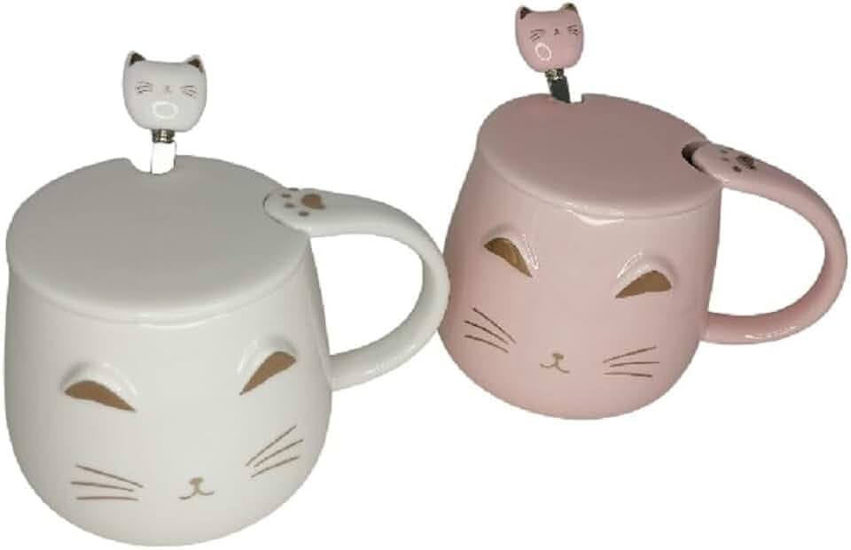 lachineuse – 2er-Set Kawaii-Katzen-Tassen 450 ml – Weiß & Rosa