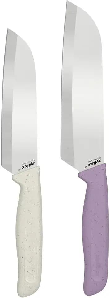 Zyliss Classic 2 Piece Santoku Knife Set, Stainless Steel 15° Hollow-Ground Blades, Ergonomic Wheat Straw Handles, Finger Guard & Blade Covers, Dishwasher Safe