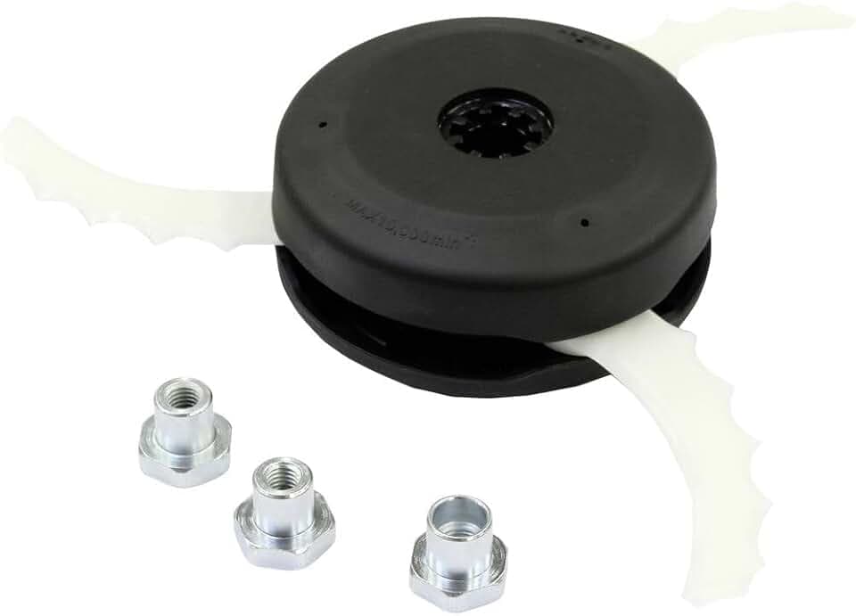 Makita 198383-1 Messerkopf 255 mm Kunststoff, 3 bewegliche Kunststoffmesser, Adapter M8 x 1,25RH, M8 x 1,25LH, M10 x 1,25LH, passend für verschiedene Rasentrimmer, Freischneider