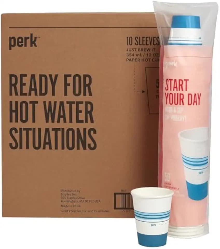 Perk 12 Oz Paper Hot Cups, White/Blue, 500 Count Bulk Disposable