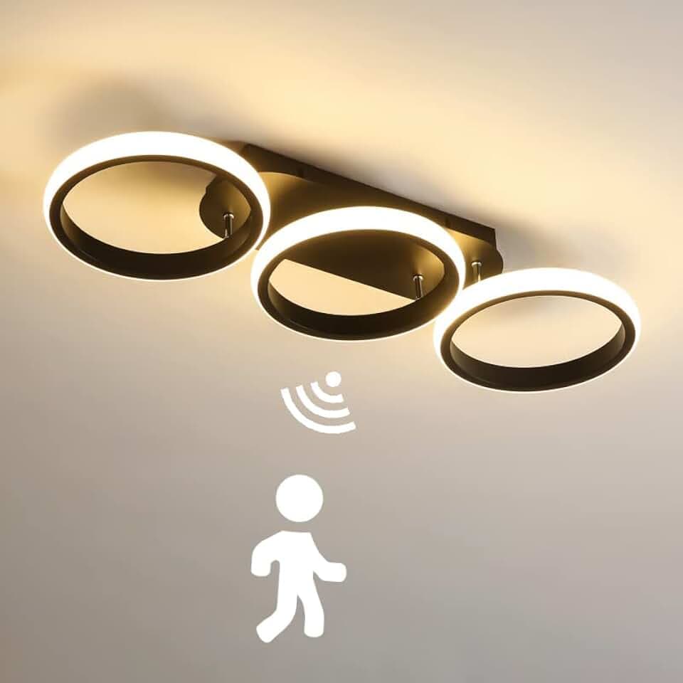 KZT LED Deckenlampe mit Bewegungsmelder 30W Innen Flur Deckenleuchte mit Sensor Moderne Ring Deckenbeleuchtung für Treppe Wohnzimmer Balkon Küche Garage Veranda BüRo Sensorlampe, Schwarz (3000K)