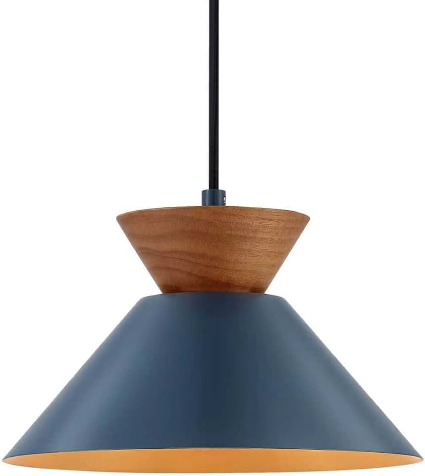 ELYONA 10 Inch Modern Pendant Light Fixture Farmhouse Solid Wood Hanging Lamp with Navy Blue Metal Shade & Gold Inner Finish Adjustable Pendant Light for Kitchen Island Dining Room Bedroom Modern Blue